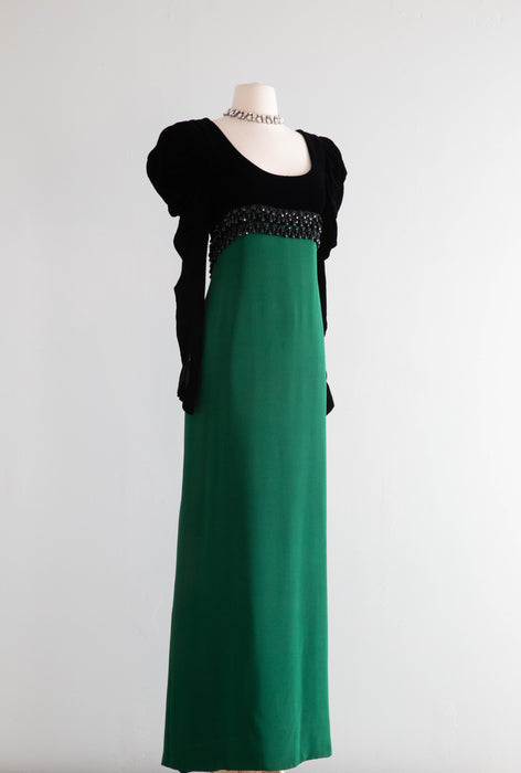 Elegant 1980's Oscar de la Renta Emerald Green & Velvet Regency Evening Gown / Small