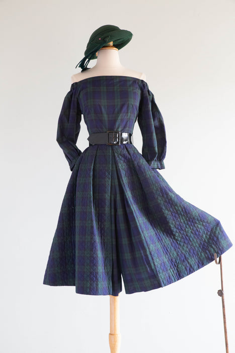 Fabulous 1950's Mr. Mort Cotton Plaid Dress With Culottes / Small