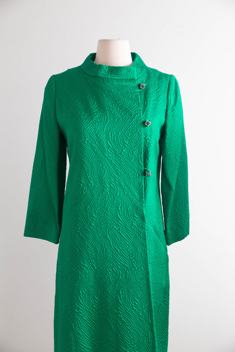 Chic 1960's Emerald Green Brocade Evening Coat / M