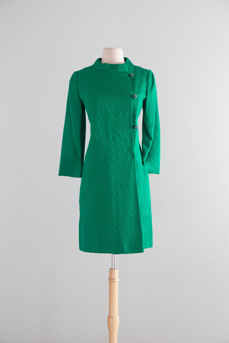 Chic 1960's Emerald Green Brocade Evening Coat / M