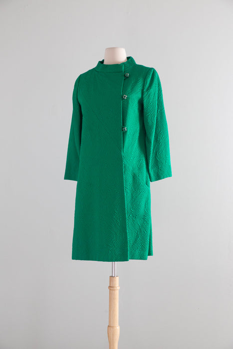 Chic 1960's Emerald Green Brocade Evening Coat / M