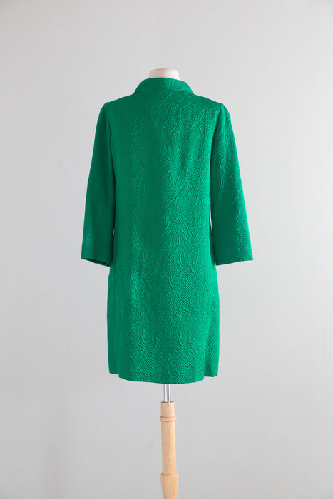 Chic 1960's Emerald Green Brocade Evening Coat / M