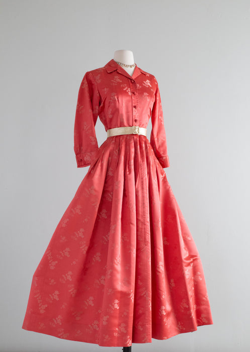 Luxurious 1950's Coral Silk Hostess Gown By Dynasty With Pockets / Small