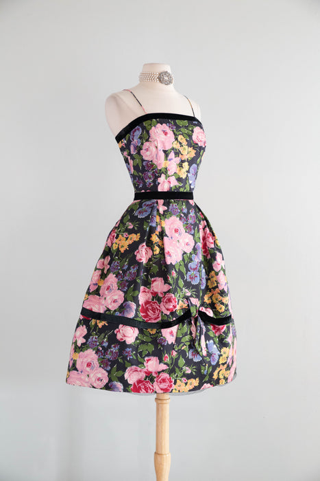 Stunning 1950's Silk Rose Garden Print Party Dress From Neiman Marcus / S