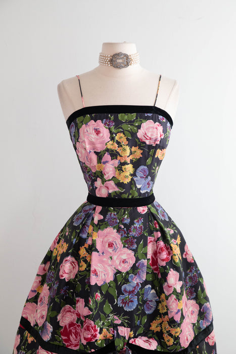 Stunning 1950's Silk Rose Garden Print Party Dress From Neiman Marcus / S