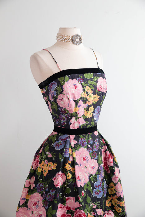 Stunning 1950's Silk Rose Garden Print Party Dress From Neiman Marcus / S