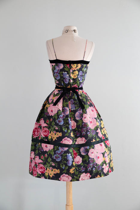 Stunning 1950's Silk Rose Garden Print Party Dress From Neiman Marcus / S