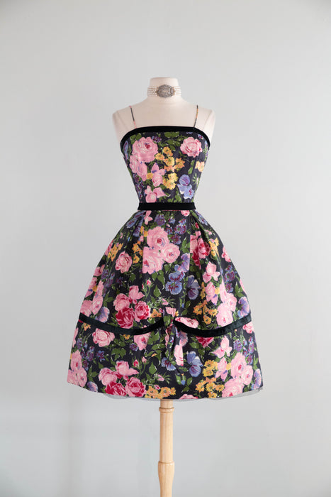 Stunning 1950's Silk Rose Garden Print Party Dress From Neiman Marcus / S