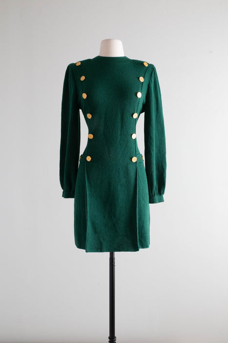 Fabulous Vintage Adolfo Knit Mini Dress With Brass Buttons / Medium