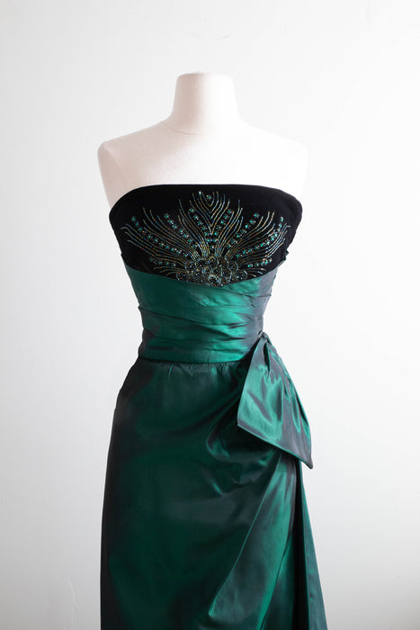 Fabulous Old Hollywood Velvet Evening Gown With Emerald Taffeta Skirt / XS