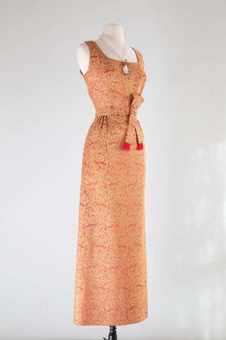 Stunning 1960's Metallic Red & Gold Brocade Evening Gown By Dynasty / Medium