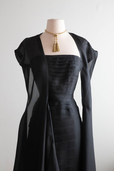 Elegant 1950's Couture Pleated Black Silk Evening Dress / Small