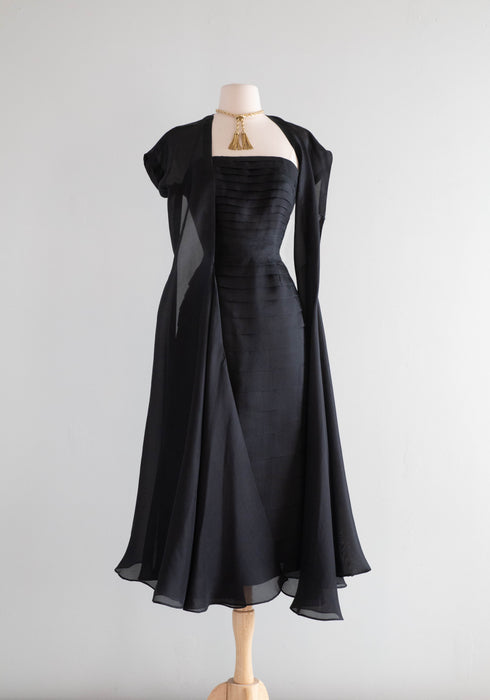 Elegant 1950's Couture Pleated Black Silk Evening Dress / Small