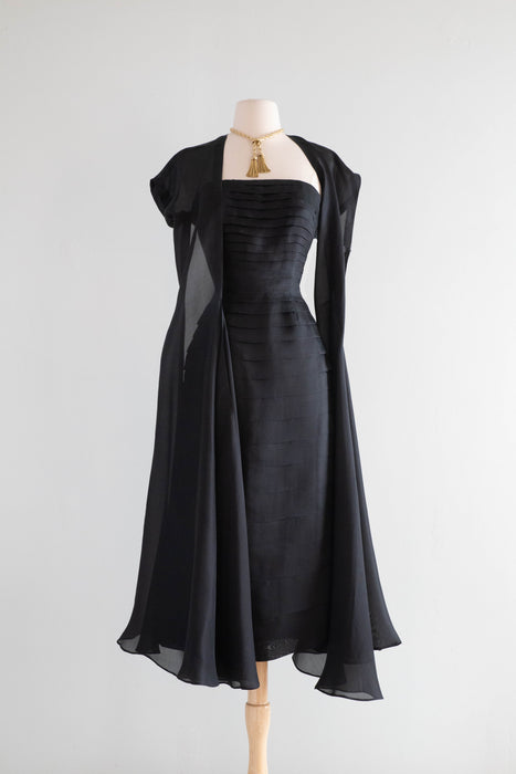 Elegant 1950's Couture Pleated Black Silk Evening Dress / Small