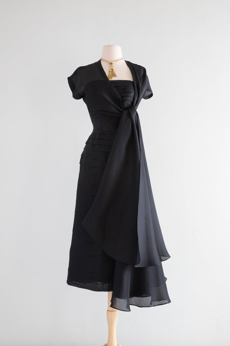 Elegant 1950's Couture Pleated Black Silk Evening Dress / Small