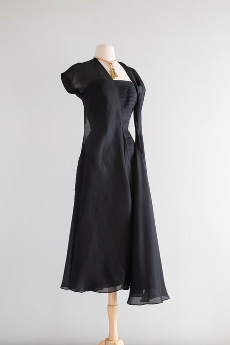 Elegant 1950's Couture Pleated Black Silk Evening Dress / Small