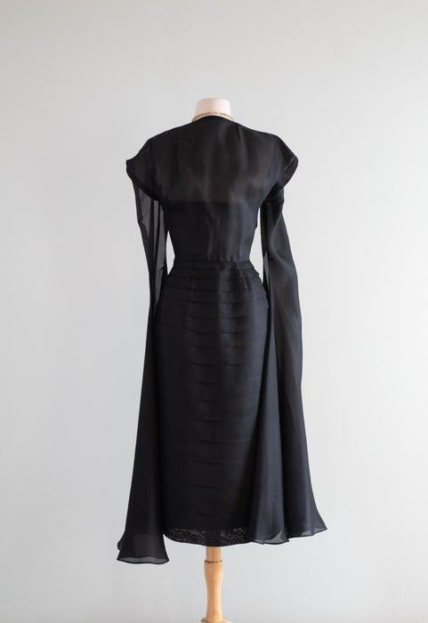 Elegant 1950's Couture Pleated Black Silk Evening Dress / Small