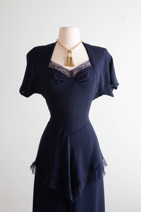 Elegant 1940's Midnight Navy Evening Gown With Lace Trim & Dramatic Back / Small