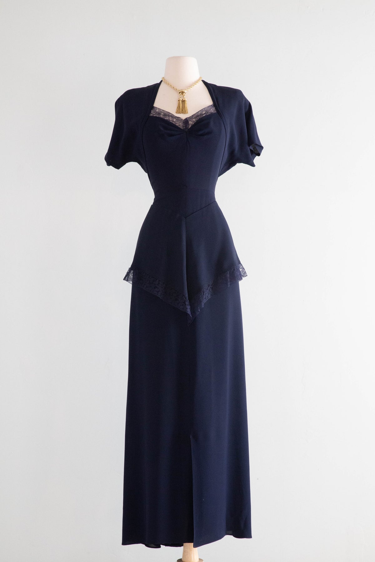 Elegant 1940's Midnight Navy Evening Gown With Lace Trim