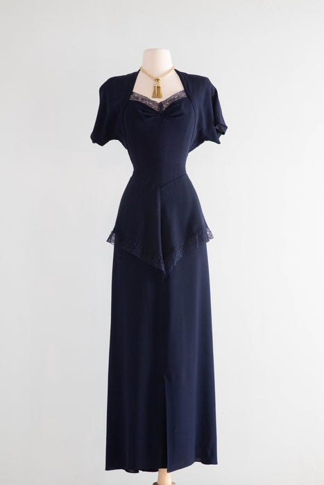 Elegant 1940's Midnight Navy Evening Gown With Lace Trim & Dramatic Back / Small