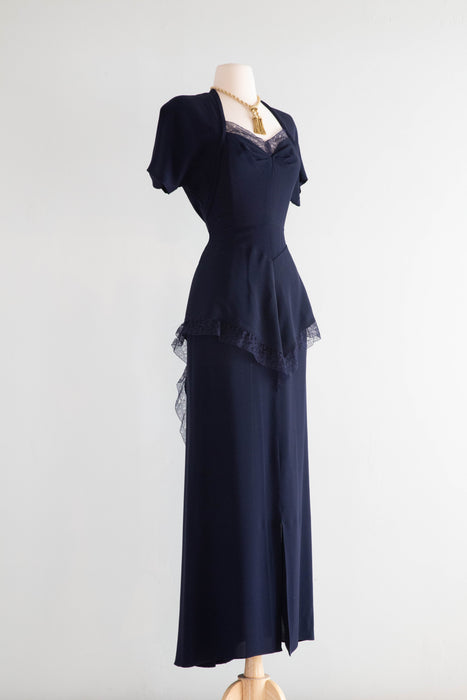 Elegant 1940's Midnight Navy Evening Gown With Lace Trim & Dramatic Back / Small