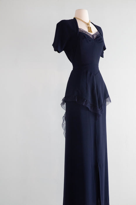 Elegant 1940's Midnight Navy Evening Gown With Lace Trim & Dramatic Back / Small