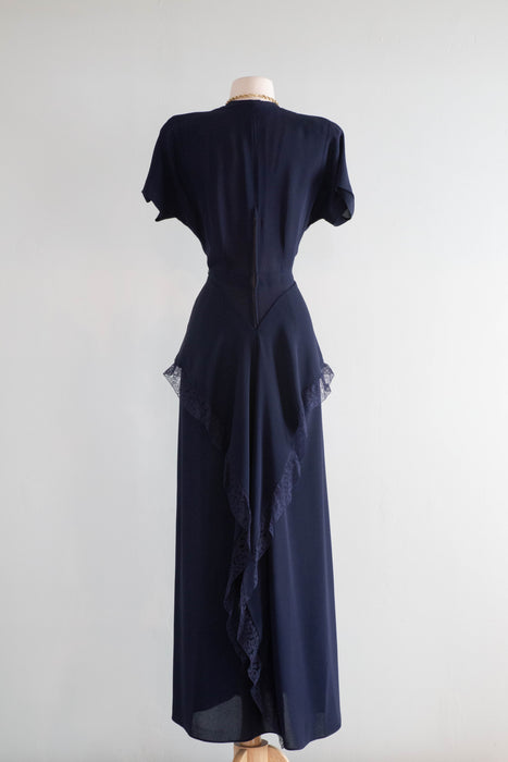 Elegant 1940's Midnight Navy Evening Gown With Lace Trim & Dramatic Back / Small