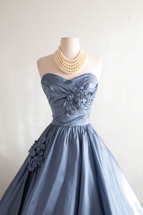 Exquisite 1950's Crystal Blue Silk Formal Party Dress / Small