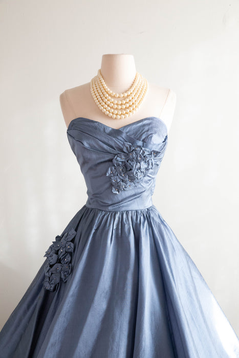 Exquisite 1950's Crystal Blue Silk Formal Party Dress / Small