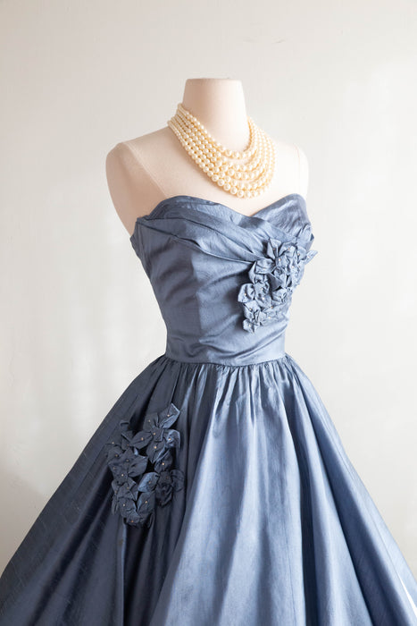 Exquisite 1950's Crystal Blue Silk Formal Party Dress / Small