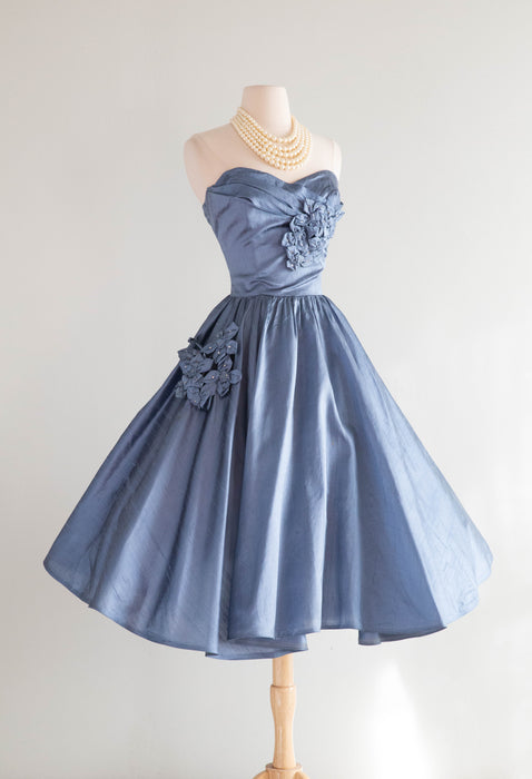 Exquisite 1950's Crystal Blue Silk Formal Party Dress / Small