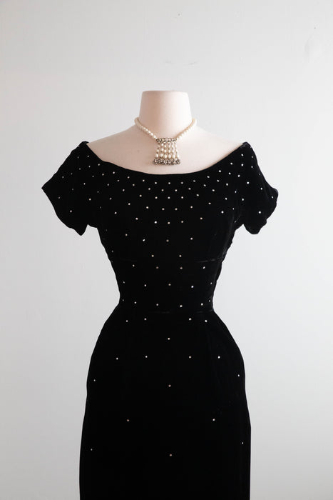 Stunning 1950's Black Velvet Rhinestone Galaxy Cocktail Dress / XS