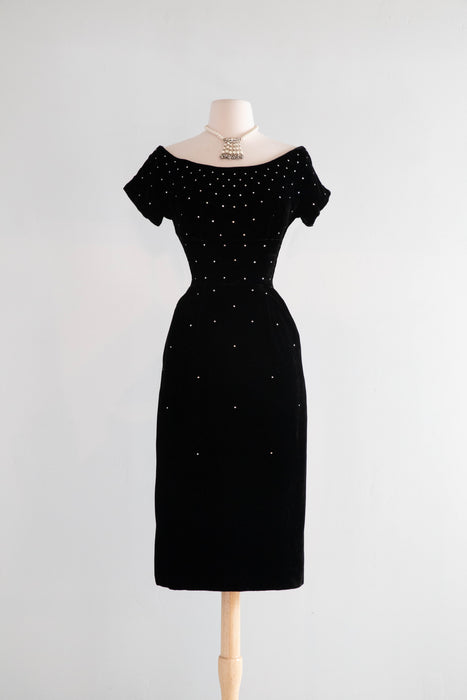 Stunning 1950's Black Velvet Rhinestone Galaxy Cocktail Dress / XS