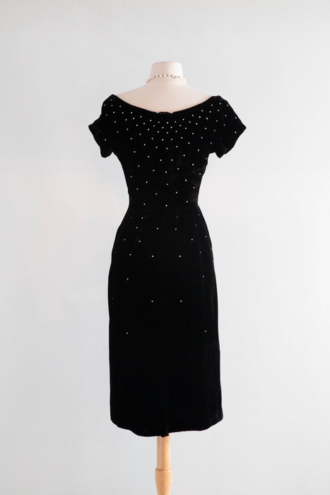 Stunning 1950's Black Velvet Rhinestone Galaxy Cocktail Dress / XS Xtabay Vintage Stunning 1950's Black Velvet Rhinestone Galaxy Cocktail Dress / XS Xtabay Vintage