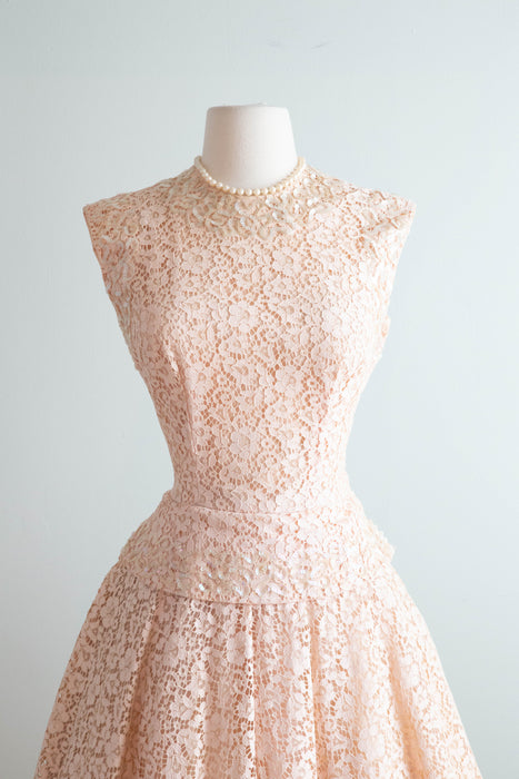 Ethereal 1950's Ballet Pink Lace Party Dress With Sequin Trim / Small