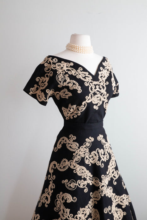 Glorious 1950's Austrian Black Wool Two Piece Top & Skirt Set / SM