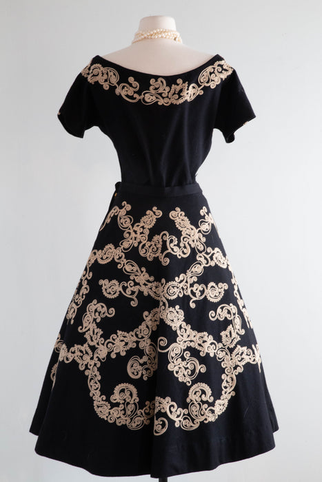 Glorious 1950's Austrian Black Wool Two Piece Top & Skirt Set / SM