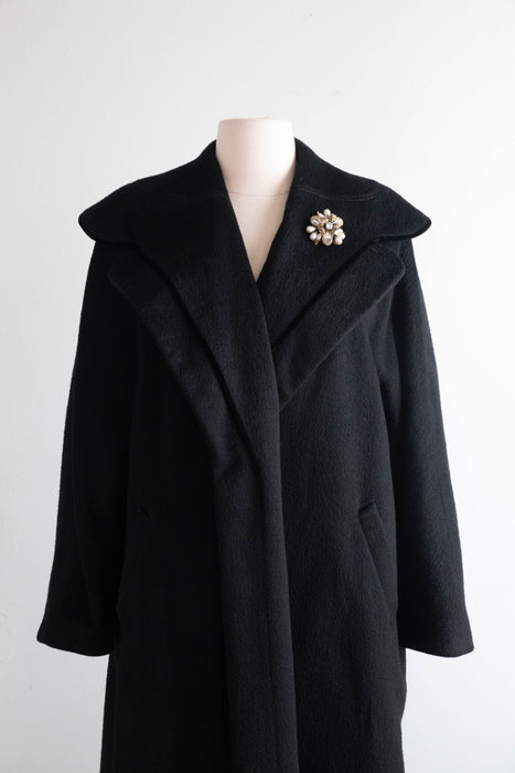 Luxurious 1950's Black Wool & Velvet Cocoon Coat / Medium