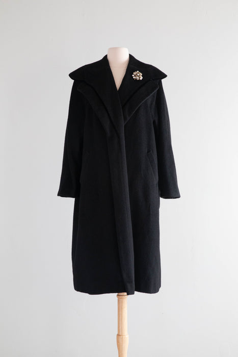 Luxurious 1950's Black Wool & Velvet Cocoon Coat / Medium