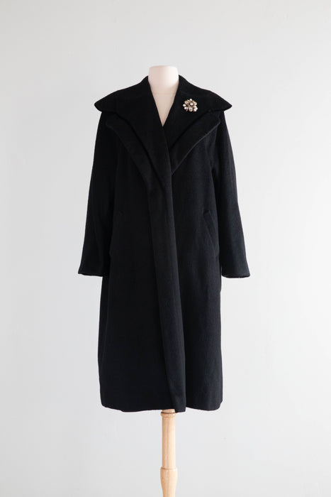 Luxurious 1950's Black Wool & Velvet Cocoon Coat / Medium