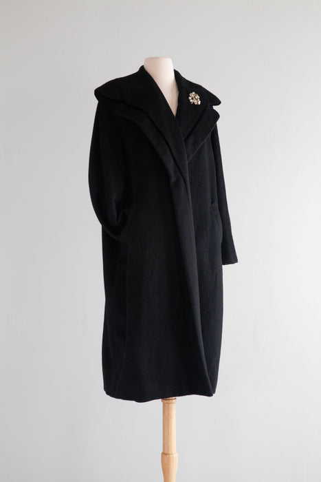 Luxurious 1950's Black Wool & Velvet Cocoon Coat / Medium