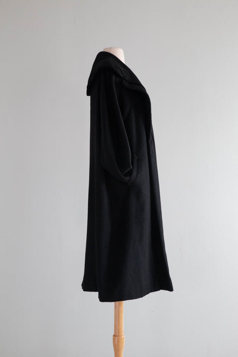 Luxurious 1950's Black Wool & Velvet Cocoon Coat / Medium