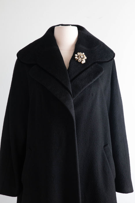 Luxurious 1950's Black Wool & Velvet Cocoon Coat / Medium