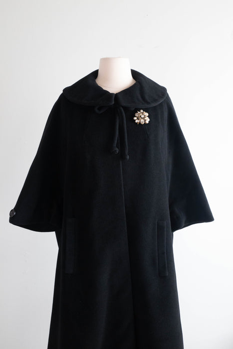 Elegant 1950's Black Cashmere Peter Pan Coat / ML