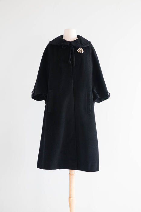 Elegant 1950's Black Cashmere Peter Pan Coat / ML