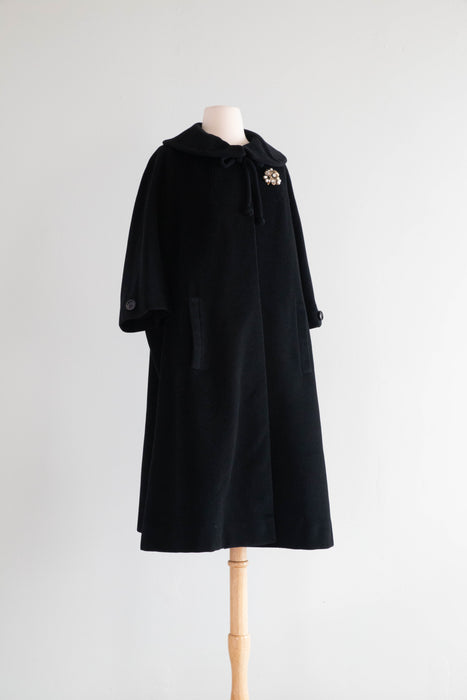 Elegant 1950's Black Cashmere Peter Pan Coat / ML