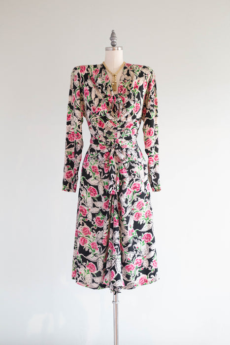 Vintage 1940's Carnations & Butterflies Print Floral Rayon Dress with Bows / M