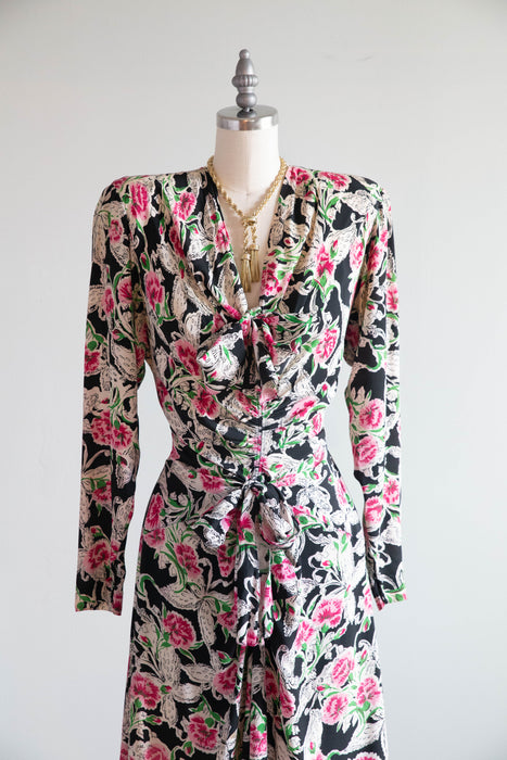 Vintage 1940's Carnations & Butterflies Print Floral Rayon Dress with Bows / M
