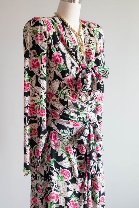 Vintage 1940's Carnations & Butterflies Print Floral Rayon Dress with Bows / M