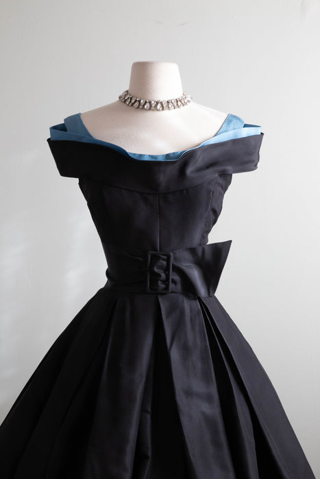 Iconic 1950's Nettie Rosenstein Silk Taffeta Cocktail Dress With Cerulean Neckline / XS
